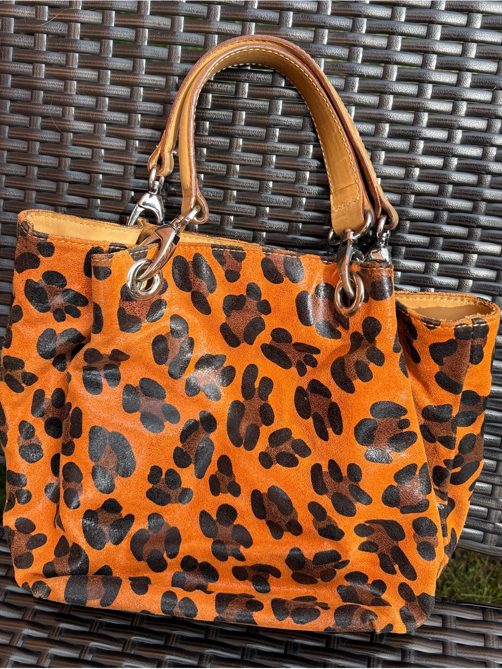 Maurizio Taiuti orange bag with black & brown animal print on genuine leather